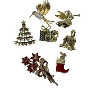 Vintage Christmas Brooch Lot of 8 Gold Tone Pins
